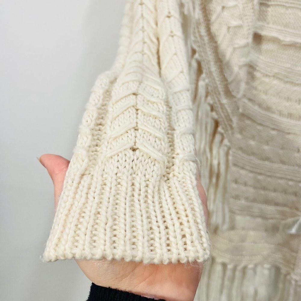 Anthropologie BB Dakota Karli Fringe Cream Long Cable Knit Wool Shawl Cardigan - Picture 10 of 16
